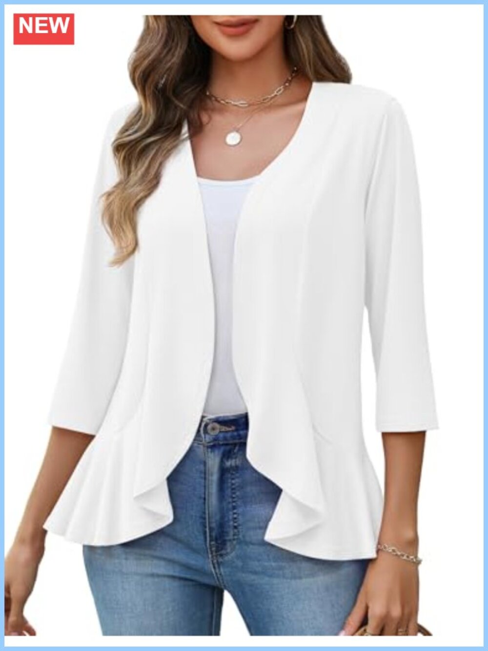 Women's 3/4 Sleeve Lightweight Cardigan Open Front Ruffled V-Neck Knit Coverup